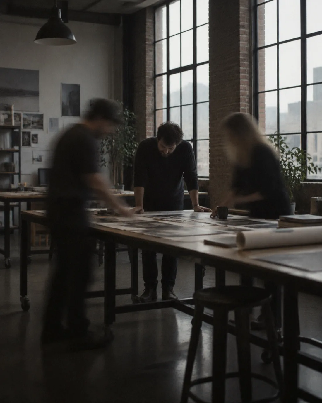 Agencies: people at work, photographed on a slow shutter.